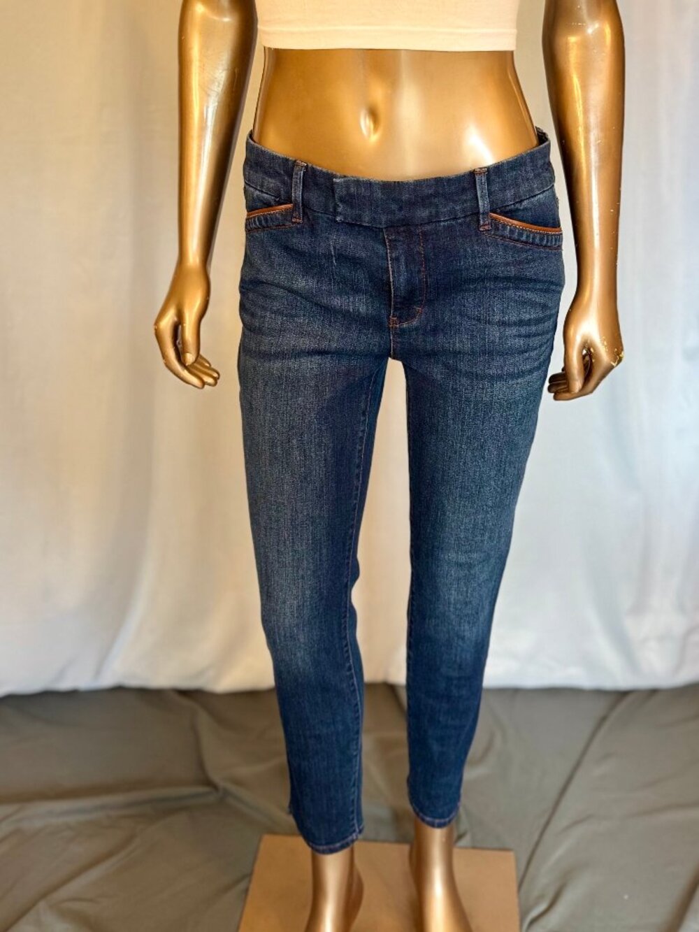 WHBM Denim Skinny Capris w/ Faux Leather Detail Skinny Crop
